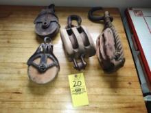 4 Early Wood Pulleys & Cast Myers, Ney