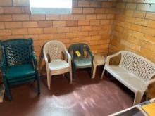 (8) plastic deck chairs, (1) 2 person bench, side table