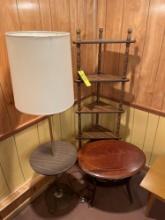 corner shelf, side table with lamp and small table