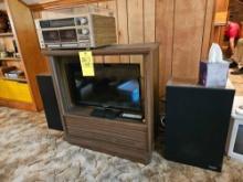 Fisher stereo, Samsung TV, stand, Portable TV and cassettes