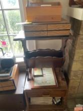 end table, VHS tape organizer, pictures, cd organizer, cabinet with drawer, records below