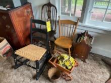 (3) small chairs, one rocker, book stand, wooden decoration wagon and basket