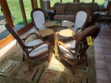 Wicker Glass-Top Round Table w/ 4 Chairs & Rug