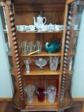Contents of Display Cabinet - Royal Dalton China Set, Vases, Small Crock, & Glassware