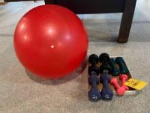 Small workout weights and a yoga ball