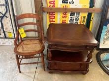 Wooden Side Table with a vintage chair