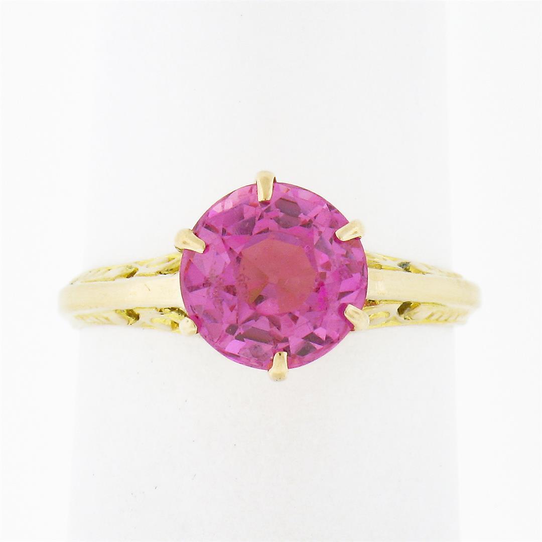 Antique Victorian 10k Gold GIA Lab Grown Old Round Pink Sapphire Solitaire Ring