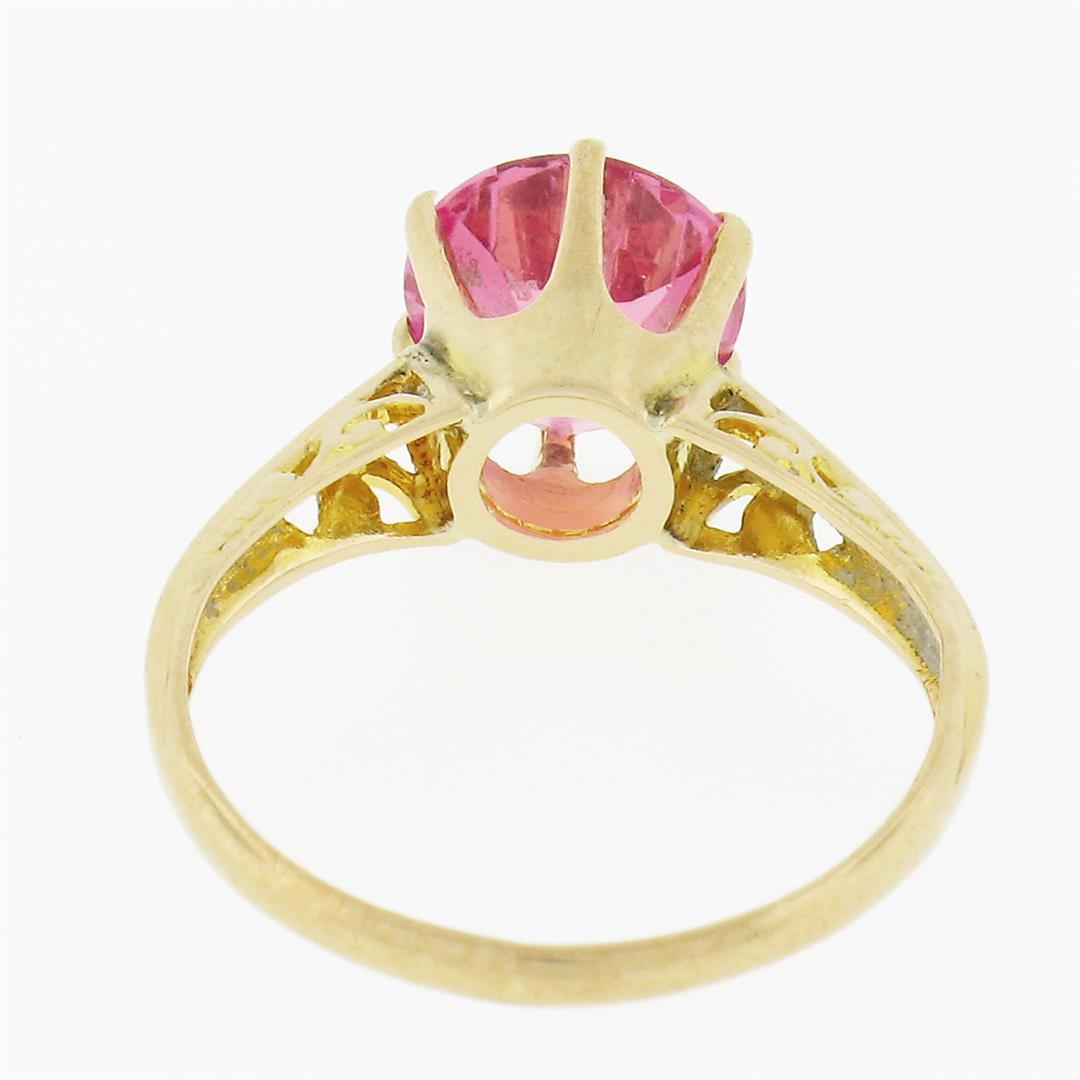 Antique Victorian 10k Gold GIA Lab Grown Old Round Pink Sapphire Solitaire Ring