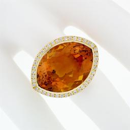 Estate 18K Gold Large Wide Citrine Diamond Halo Almond Eye Shaped Cocktail Ring