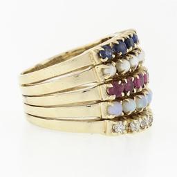 Vintage 14k Gold Round Ruby Sapphire Diamond Opal Pearl 5 Band Harem Stack Ring