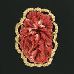 Large Vintage GIA NO DYE Carved Red Coral Brooch w/ Hand Engraved 18k Gold Frame
