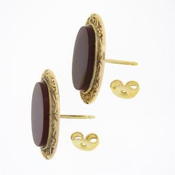 Antique 14K Yellow Gold Oval Bezel Carnelian Repousse Work Frame Button Earrings