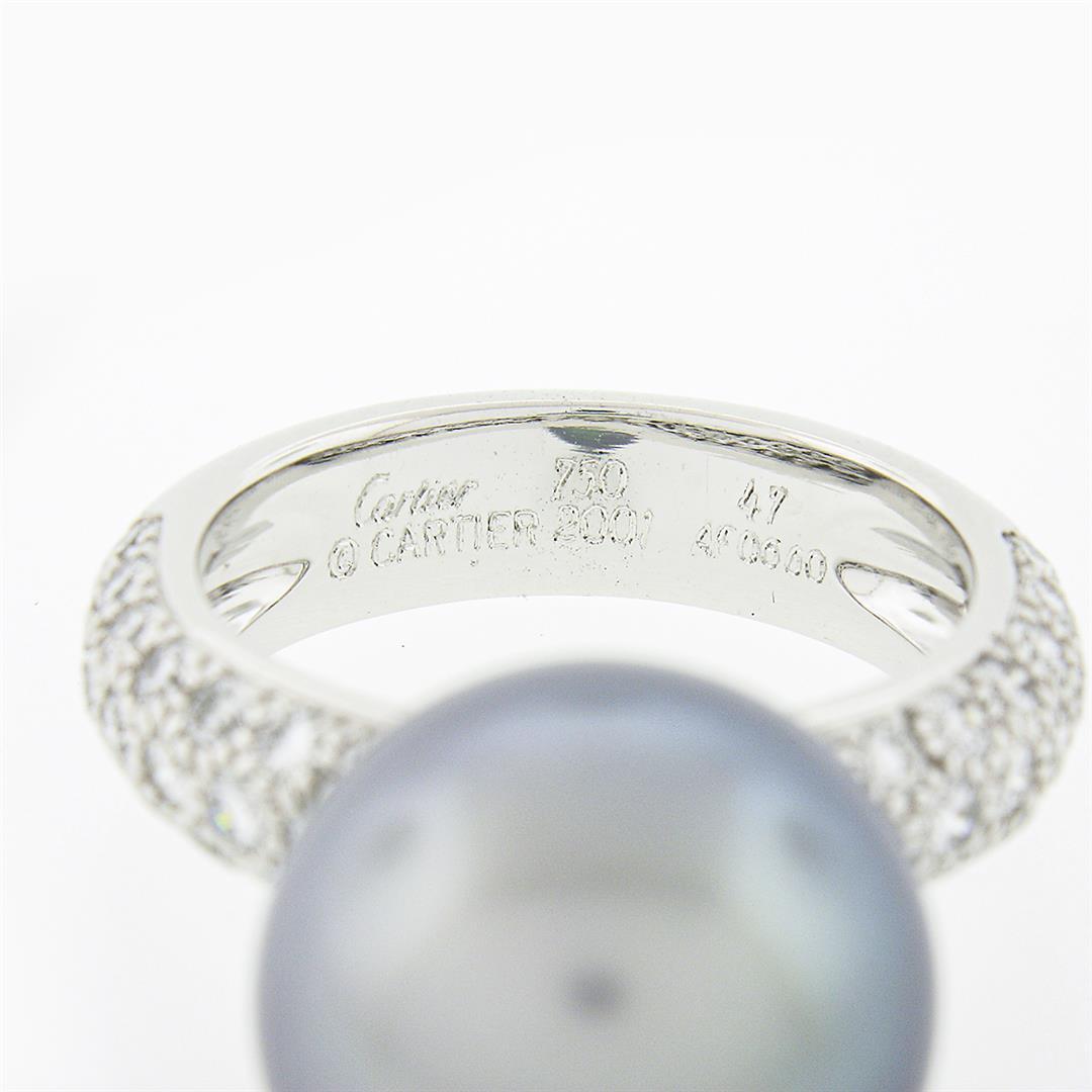 Cartier 18k White Gold 12.75mm Tahitian Gray Pearl .85 ctw Round Pave Diamond Ri