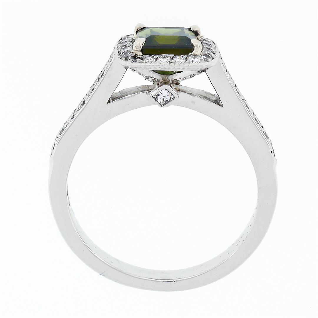 Platinum 1.51 ctw Square Step Cut Green Tourmaline Solitaire Ring w/ Diamond Hal