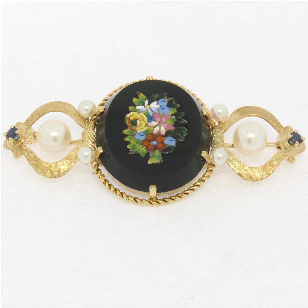 Vintage 14k Yellow Gold Black Onyx Floral Mosaic Sapphire and Pearl Brooch Pin