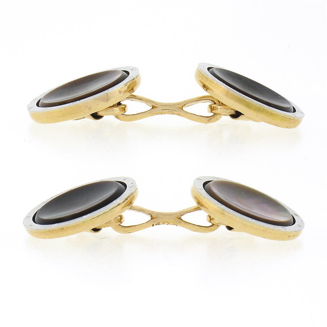 Men's Antique 14k TT Gold Black Mother of Pearl w/ Grooved Rim Round Cuff Links
