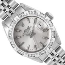 Rolex Ladies Stainless Steel Silver Index Pyramid Diamond Bezel Date Watch
