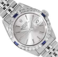 Rolex Ladies Stainless Steel Silver Index Diamond And Sapphire Date Wristwatch