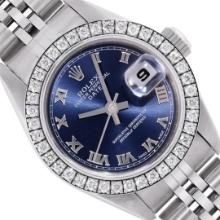 Rolex Ladies Stainless Steel Quickset Blue Roman Diamond Bezel Date Wristwatch