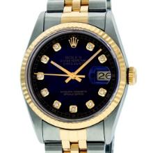 Rolex Mens 2 Tone Blue Vignette Diamond 36MM Datejust Wristwatch