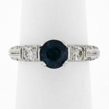 14K White Gold 1.60 ctw Round Sapphire Solitaire Diamond Milgrain Engagement Rin