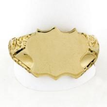 Men's Vintage 14K Yellow Gold Engraveable Shield Center Etched Shank Signet Ring