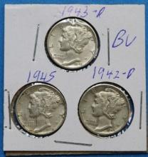 Lot of 3 Silver Mercury Dimes 1942-D, 1943-D, 1945