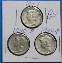 Lot of 3 Silver Mercury Dimes 1943, 1940-D, 1944-D