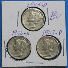Lot of 3 Silver Mercury Dimes 1940-S, 1943-D, 1945-D