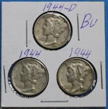 Lot of 3 Silver Mercury Dimes 1944, 1944, 1944-D