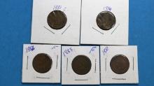 Lot of 5 Indian Head One Cent Pennies - 1881, 1881, 1882, 1883, 1884
