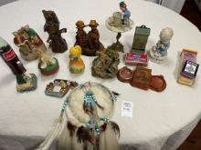 Misc lot - music boxes, owl statue, Indian ash tray