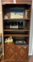 Wood shelf with contents - 2 pictures, stereo