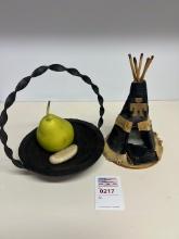 Leather miniature tepee and metal basket with pear
