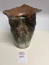stunning (3) owl on Burch signed pottery vase