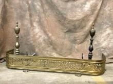 Brass Federal Style Andirons & Brass Pierced Fireplace Fender With Claw Feet