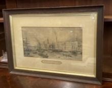 Antique Engraving "Port Of London 1859" In Walnut Frame