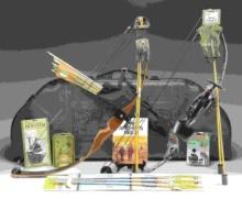 BEAR & BROWNING COMPOUND BOWS WITH ACCESSORIES.