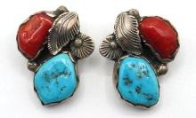 Pair of Sterling Silver, Turquoise & Coral Clip Earrings