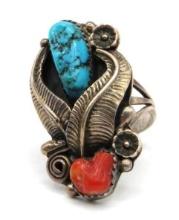 Sterling Silver, Turquoise & Coral Ring