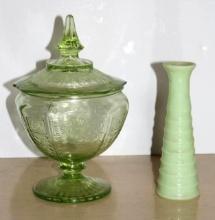 Green Glass Candy Dish with Lid and Vase