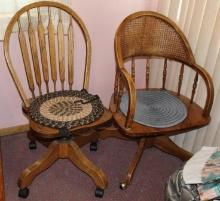 Pair of Wood Swivel Rolling Chairs
