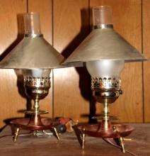 Pair of Unique Mixed Metal Lantern-Style Table Lamps with Metal Shades