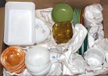 Box of Dishes Including Several Pretty Glass Pieces