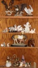 Collection of Animal Statues and Other Contents of Shelf