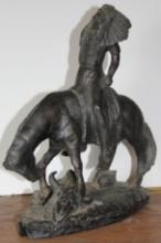 Beautiful Cast Ceramic Statue Native American Warrior on Horseback by RJ Moore, 1979