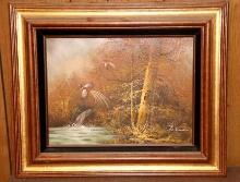 Amazing Painting of Pheasants Over Water and Trees Signed by Artist