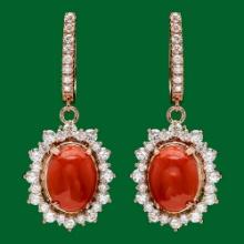 14k Gold 6.11ct Coral 2.55ct Diamond Earrings
