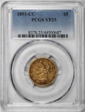 1891-CC $5 Liberty Head Half Eagle Gold Coin PCGS VF25