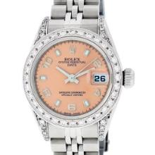 Rolex Ladies Stainless Steel Quickset Salmon Dial Diamond Lugs Date Wristwatch